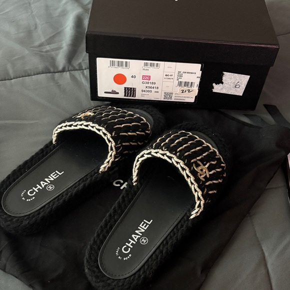 CHANEL Shoes - CHANEL Black and Gold Braided Knit Women's Mules